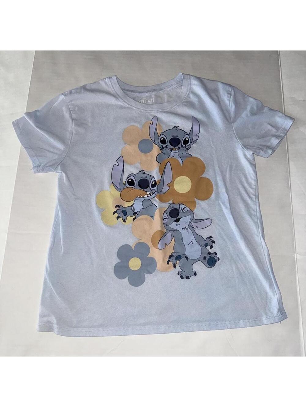 Disney Stitch Girls L 10-12 Blue Floral Graphic Tee Y2K Retro 70s Vacation